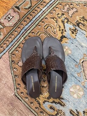 Margaux Dark Brown Woven Leather Toe-Loop Slides- size 40